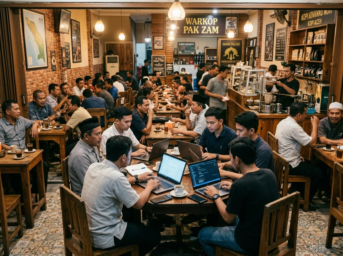 Ilustrasi suasana warung kopi dengan pengunjung bekerja memakai laptop